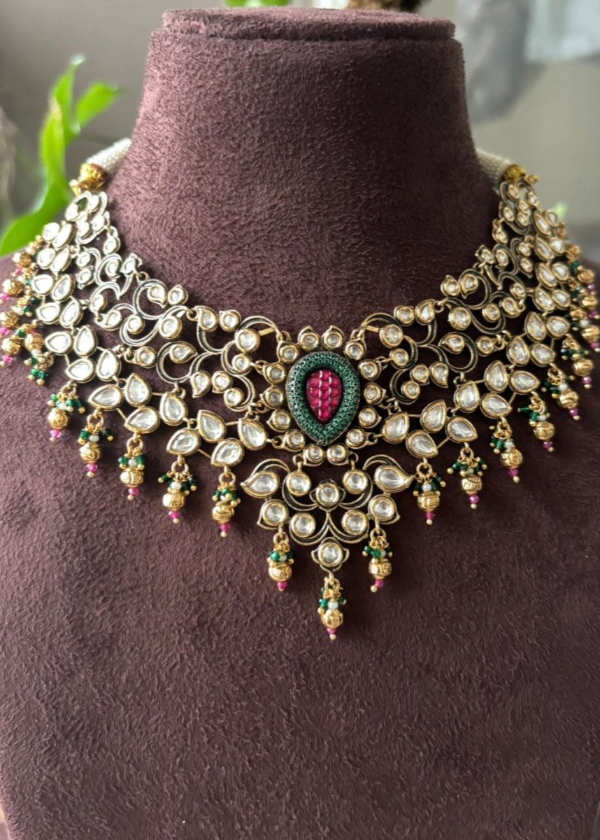 Sabyasachi inspired polki and ruby Jewellery set with matching earrings - MR Jewels